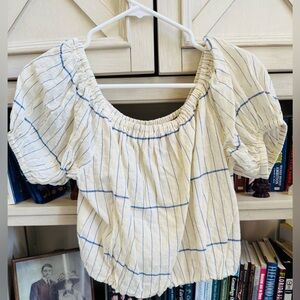 Tory Burch White and Black Smocked Puff Sleeve Blouse